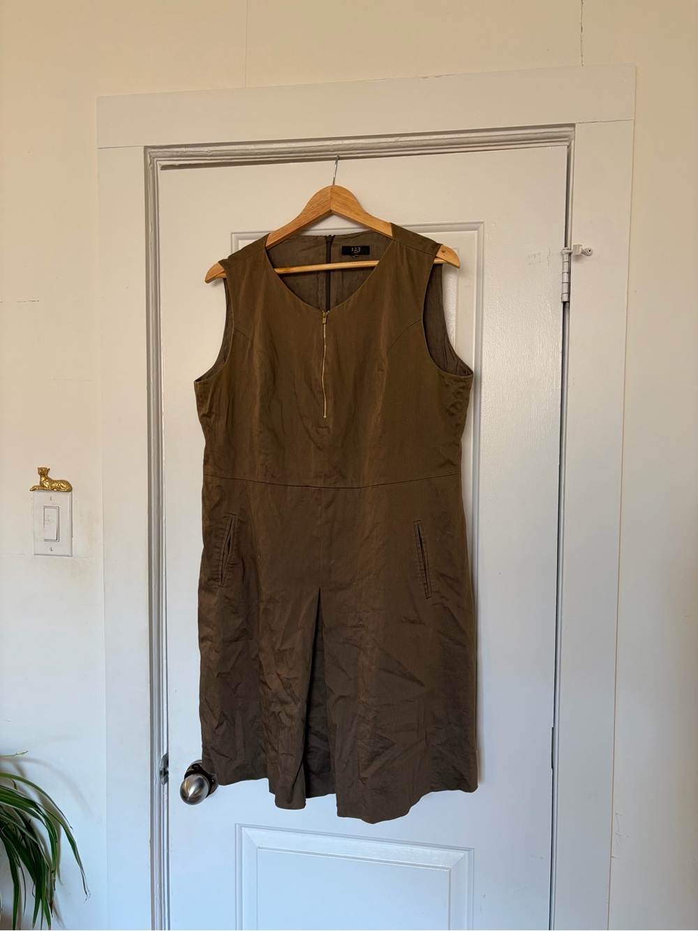 Sleeveless Midi Dress in Olive Brown with Front Zip